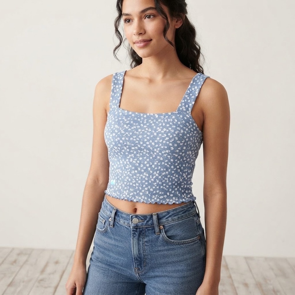 Pacsun Women's Size Large Floral Blue Crop Top Sleeveless Lettuce Hem